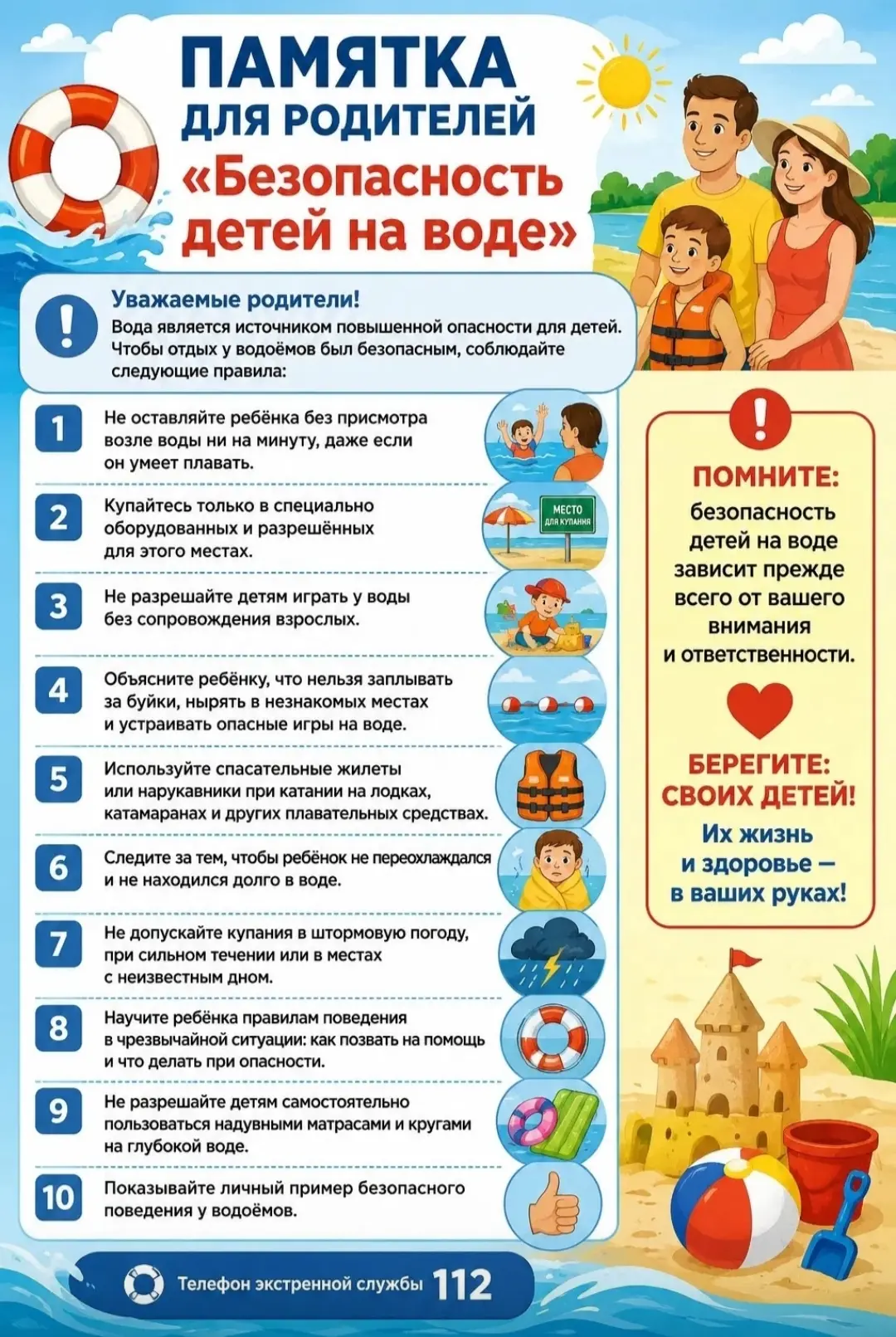 Уважаемые родители!
Вода является источником повышенной опасности для детей. Чтобы отдых у водоёмов 