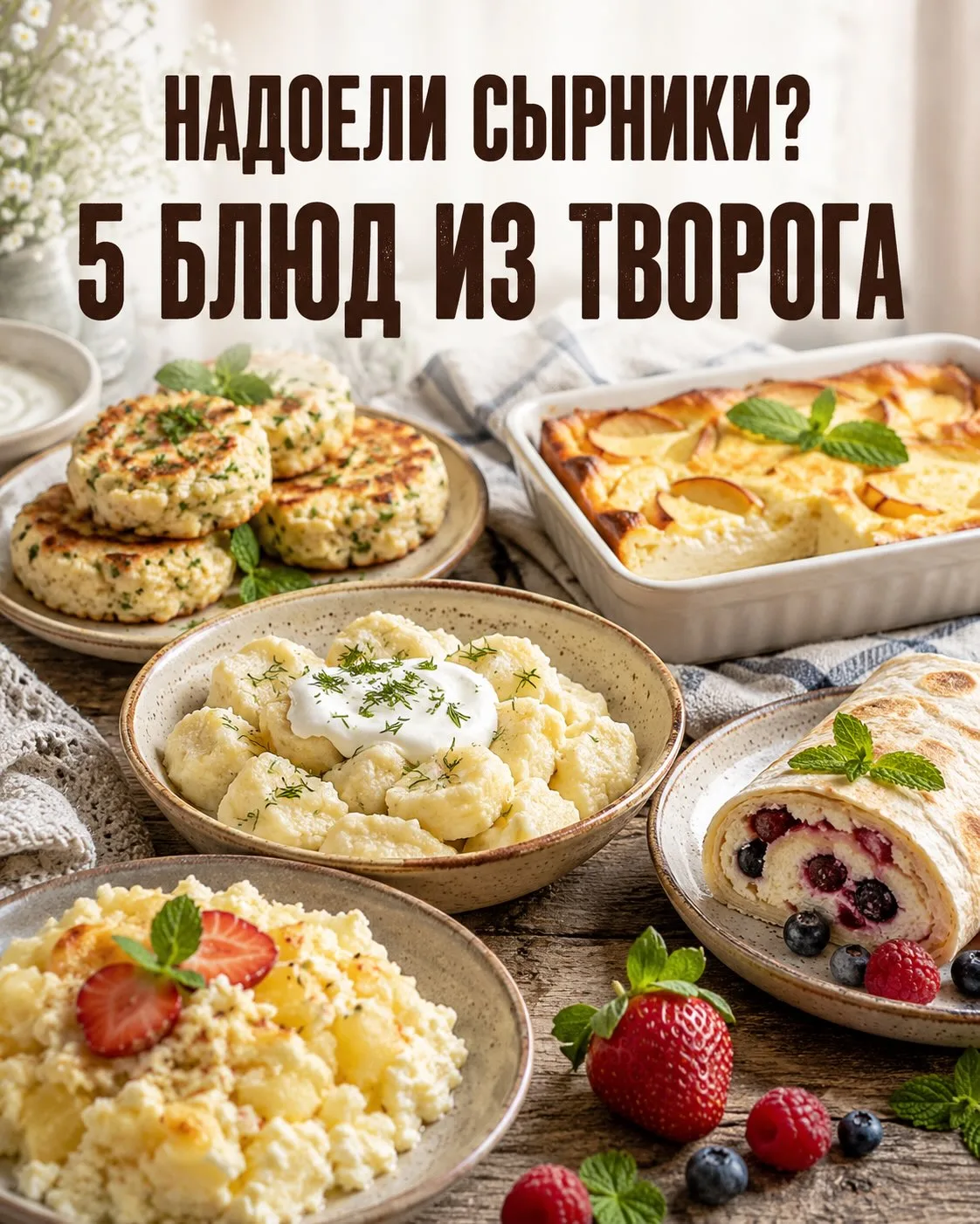 🔥 Если сырники уже надоели, то сохраните эти 5 идей:

🥟 Ленивые вареники
Смешайте 400 г творога, 1