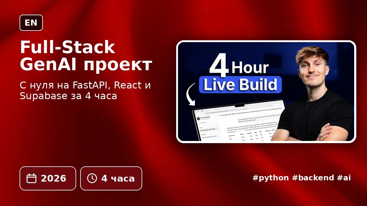 Full-Stack GenAI проект

С нуля на FastAPI, React и Supabase за 4 часа

🗓 2026  ⏰ 4 часа  🔈Английс