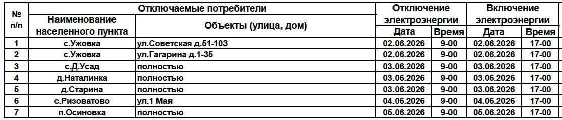 Внимание: график  отключения электроэнергии.