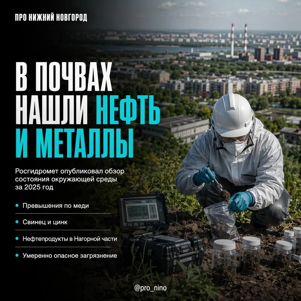 В почвах Нижнего Новгорода нашли повышенное содержание нефти и других опасных веществ. 

Росгидромет