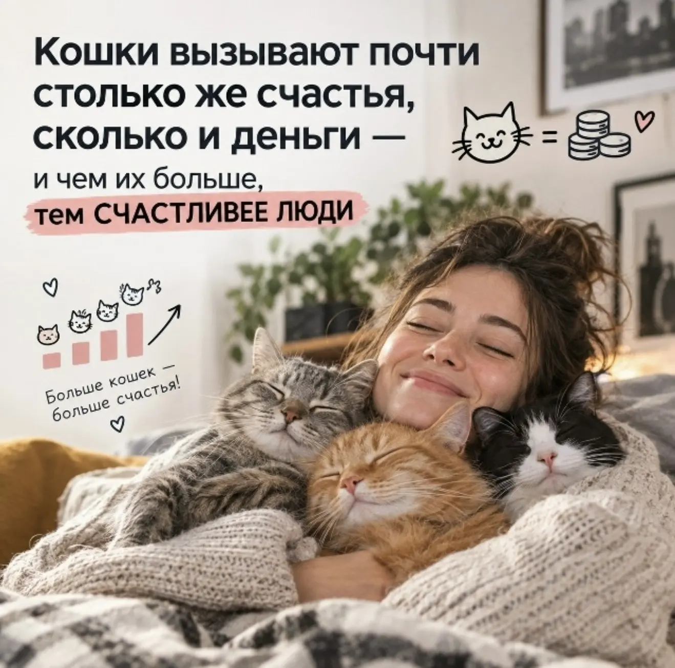 🐱 Кошки вызывают почти столько же счастья, сколько и деньги - и чем их больше, тем сча...