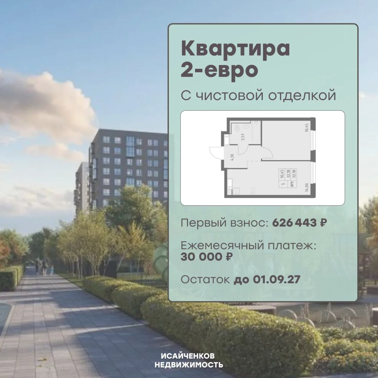 Квартира с чистовой отделкой. Первый взнос: 626 443 ₽