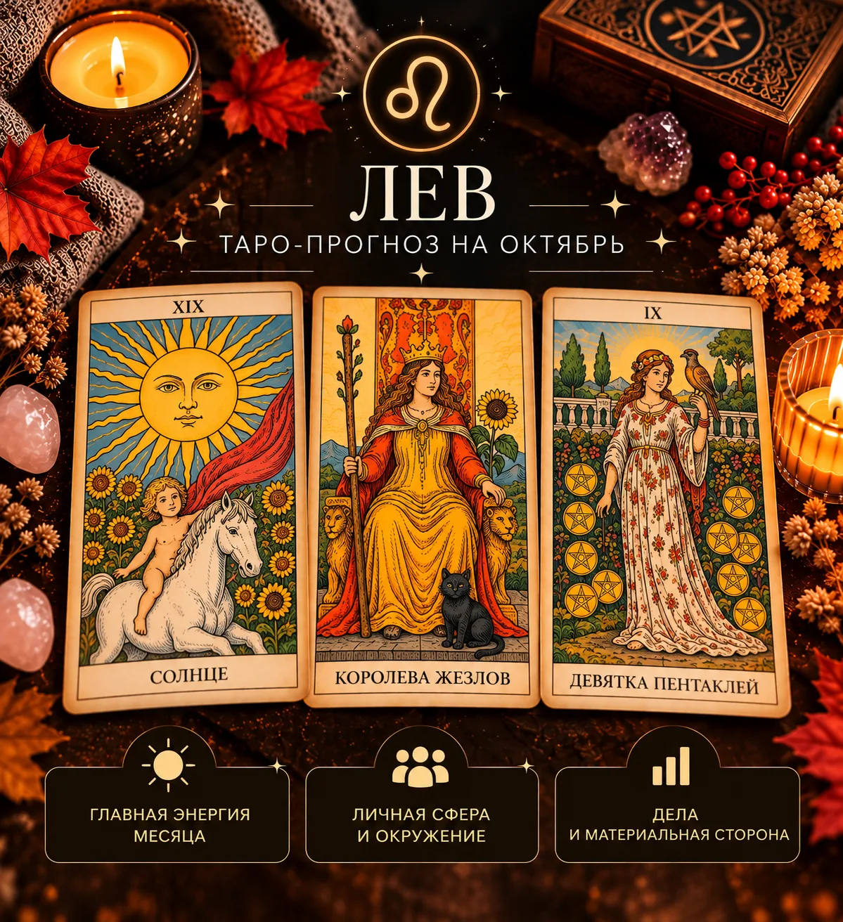 ♌ ЛЕВ — что ждёт вас в октябре? 🔮В раскладе три карты: Солнце, Королева Жезлов и Девят...