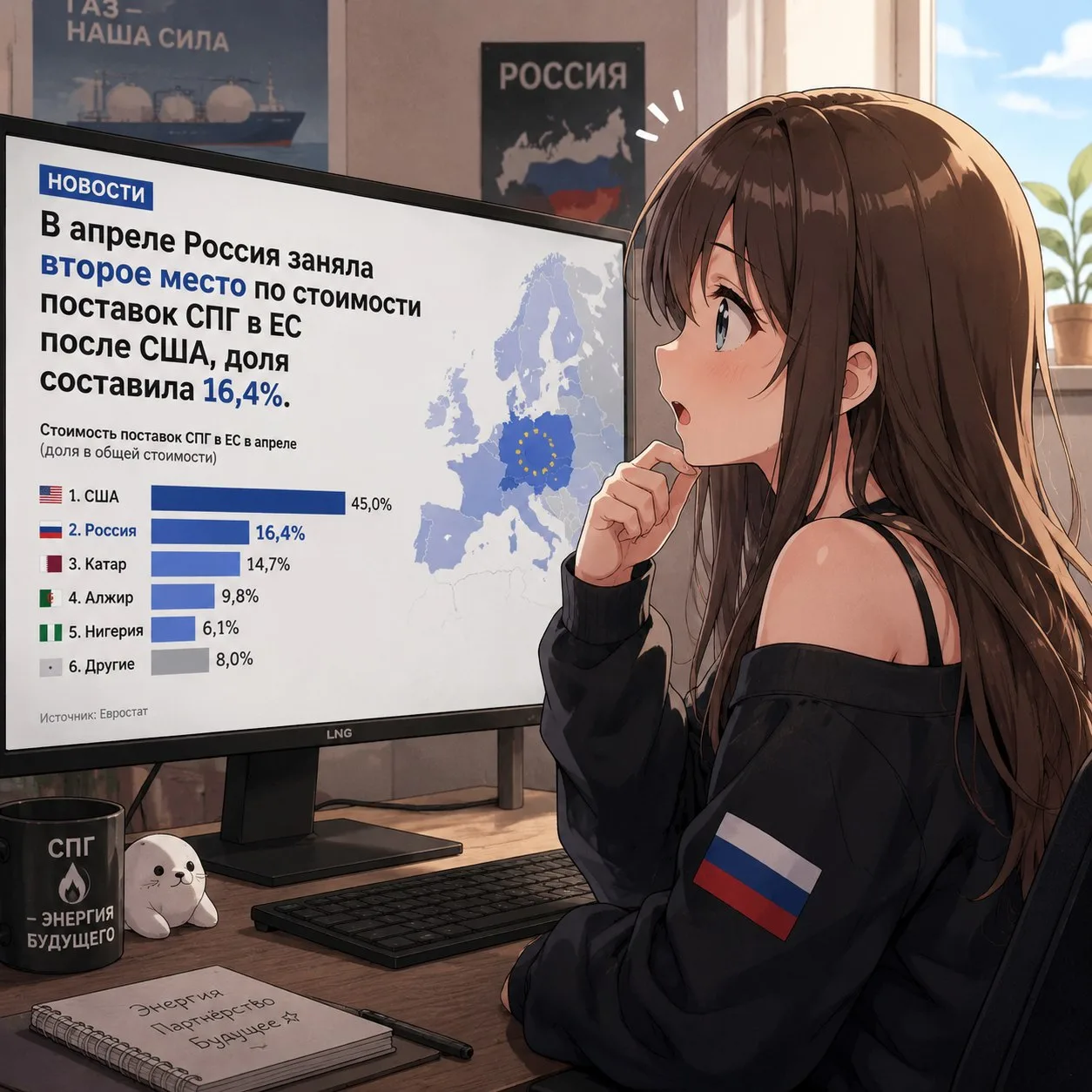 В апреле Россия заняла второе место по стоимости поставок СПГ в ЕС после США, доля составила 16,4%. 
