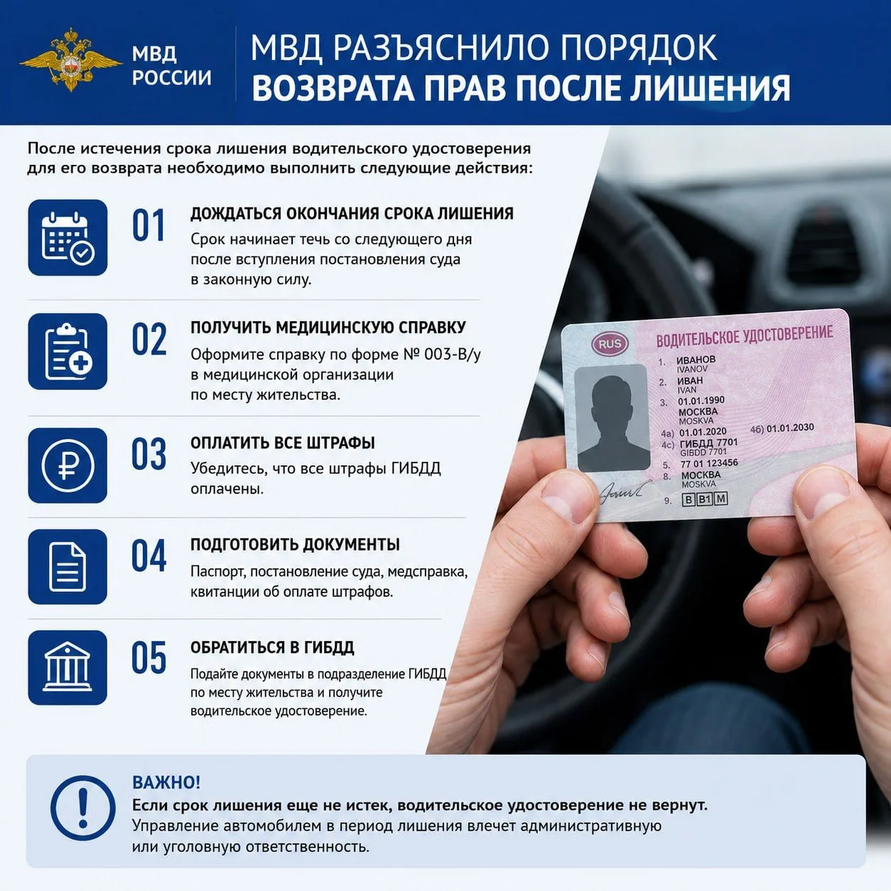 МВД разъяснило порядок возврата прав после лишения