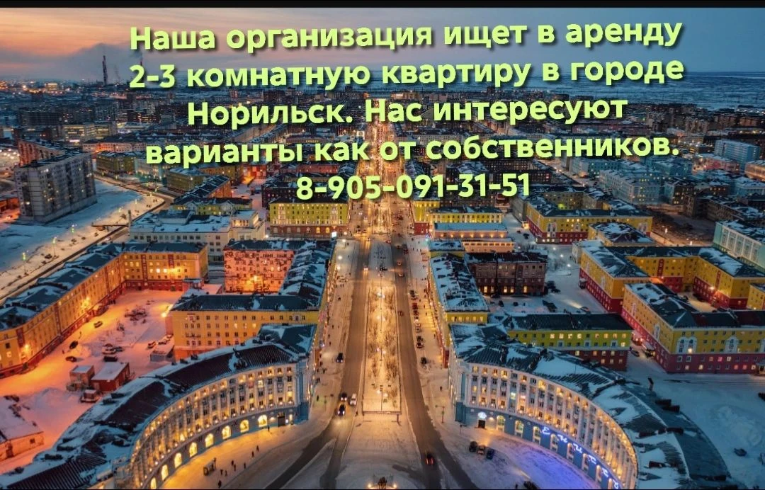 Наша организация ищет в аренду 2-3 комнатную квартиру в городе Норильск. Нас интересуют...