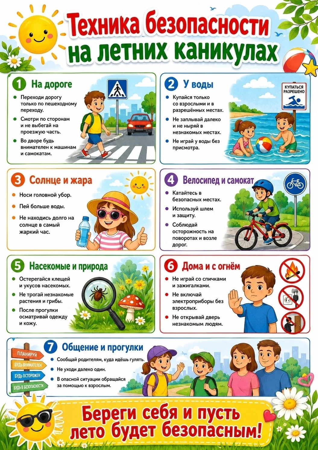 ☀ Техника безопасности на летних каникулах.
Лето — время отдыха, прогулок, игр и новых впечатлений. 
