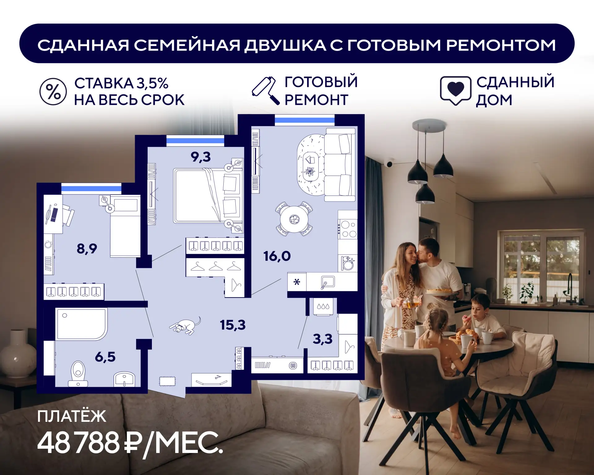 🔥 Готовая семейная двушка 58 м² в сданном доме по ставке 3,5% – заезжайте сразу!