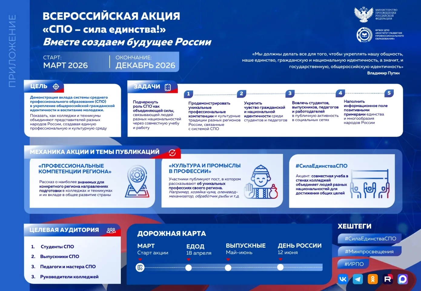 Присоединяйтесь к акции «СПО – сила единства!» 
 
Ее запускает Минпросвещения России вместе с Инстит