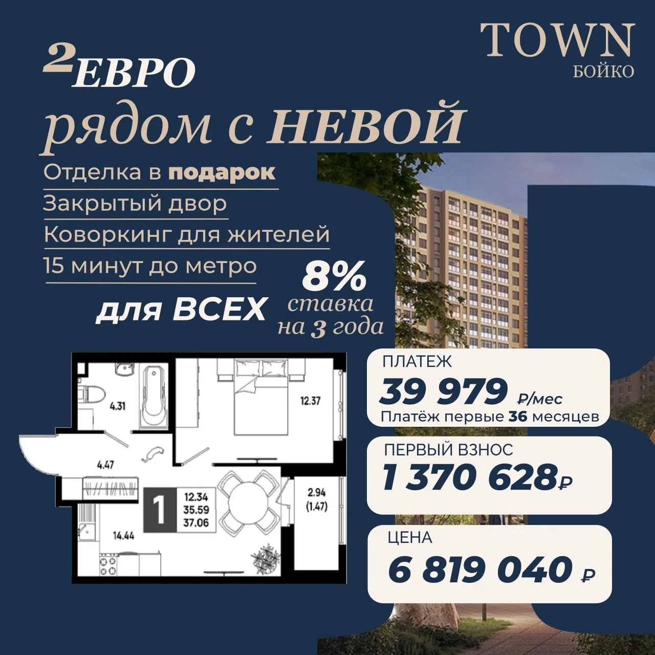 2Е квартира с платежом 39 979 ₽