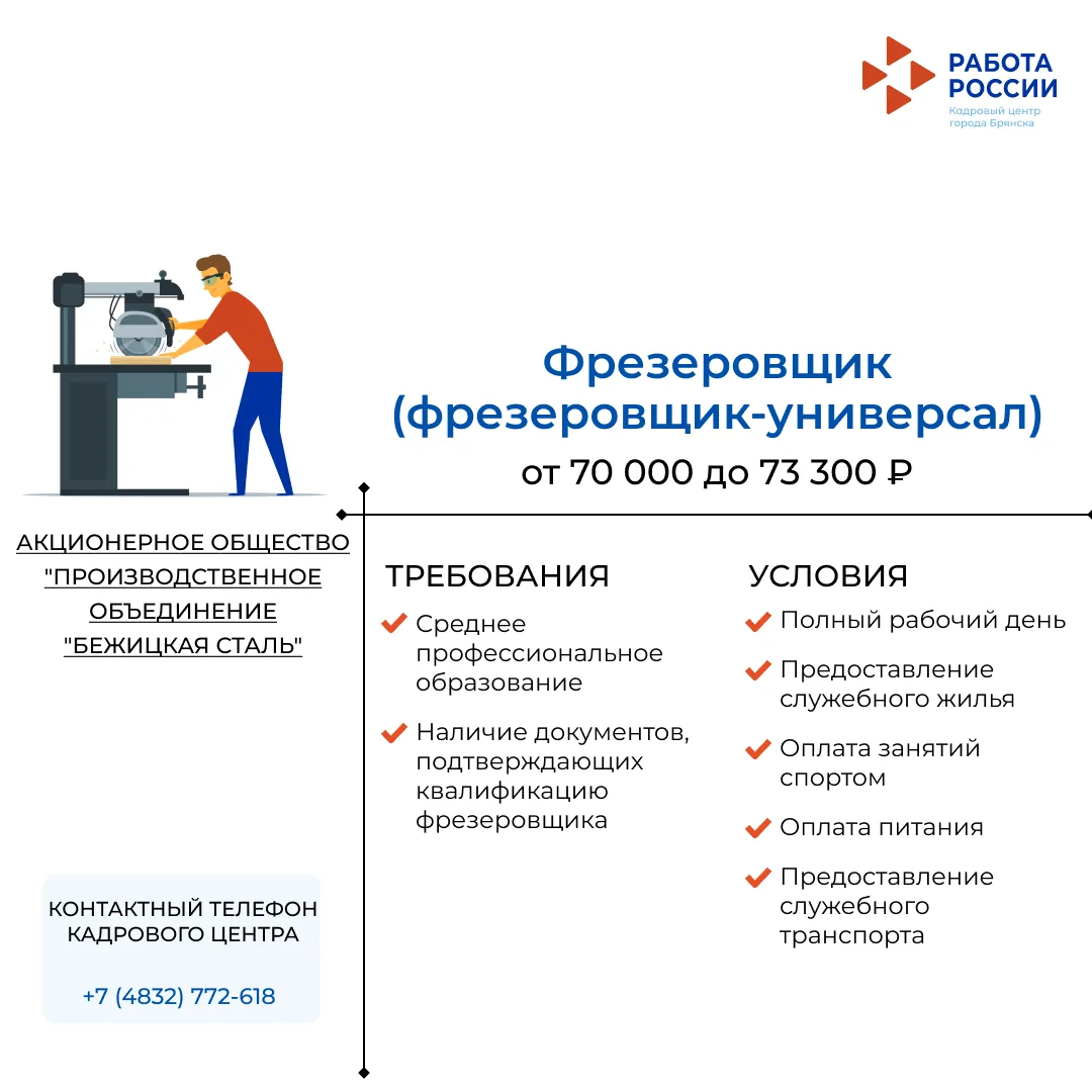 Фрезеровщик (фрезеровщик-универсал) в АКЦИОНЕРНОЕ ОБЩЕСТВО "ПРОИЗВОДСТВЕННОЕ ОБЪЕДИНЕНИЕ "БЕЖИЦКАЯ С