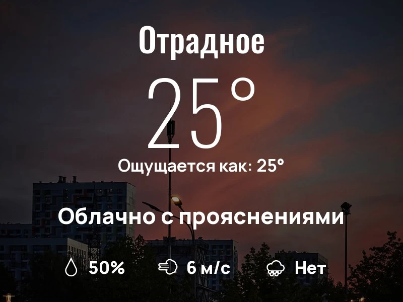 Что с погодой в Отрадном?

Одевайтесь по погоде, берегите себя!
Лёгкого дня, соседи!

#погоданарайон