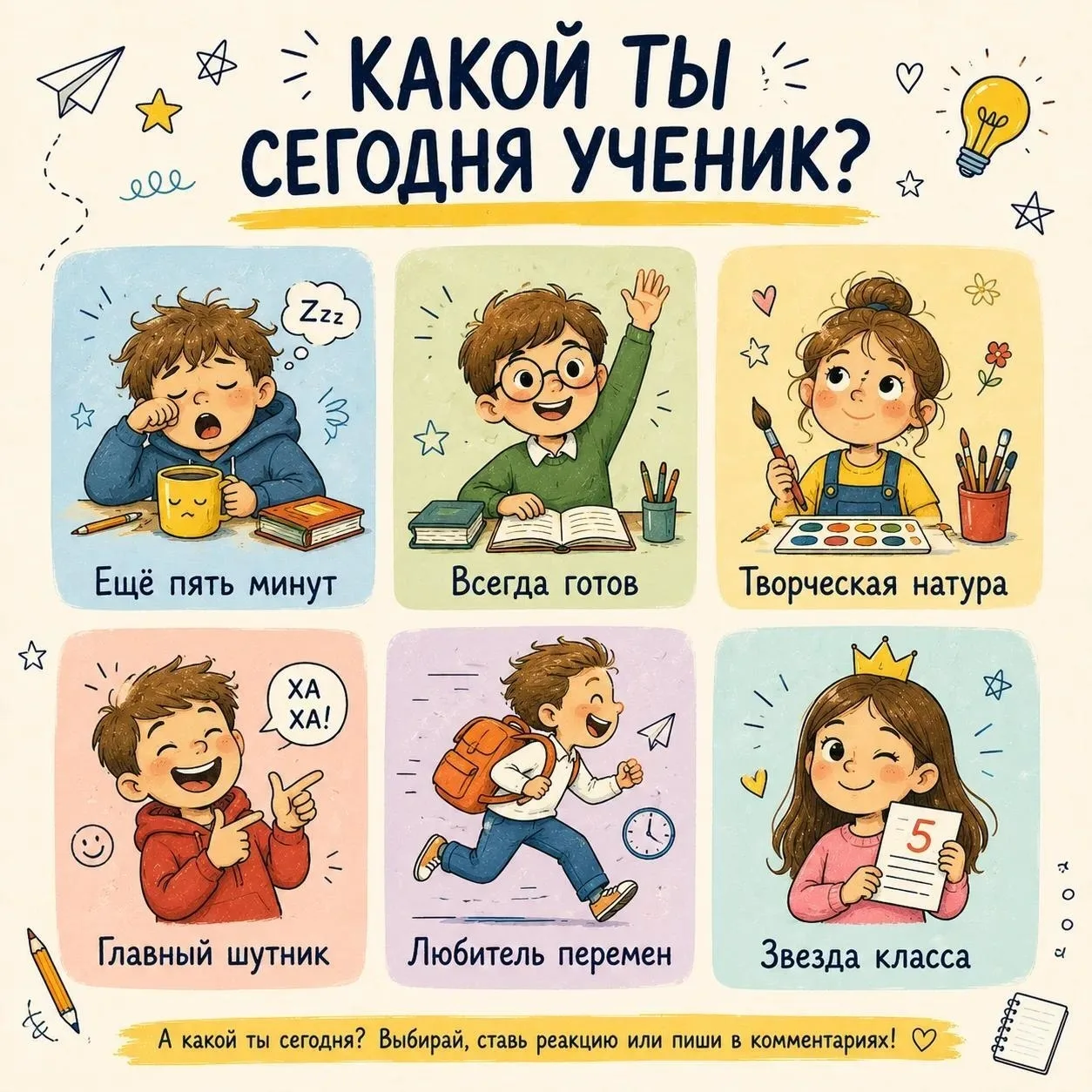 😊 У каждого школьника своё настроение. Кто-то всегда готов выступить у доски, кто-то с...