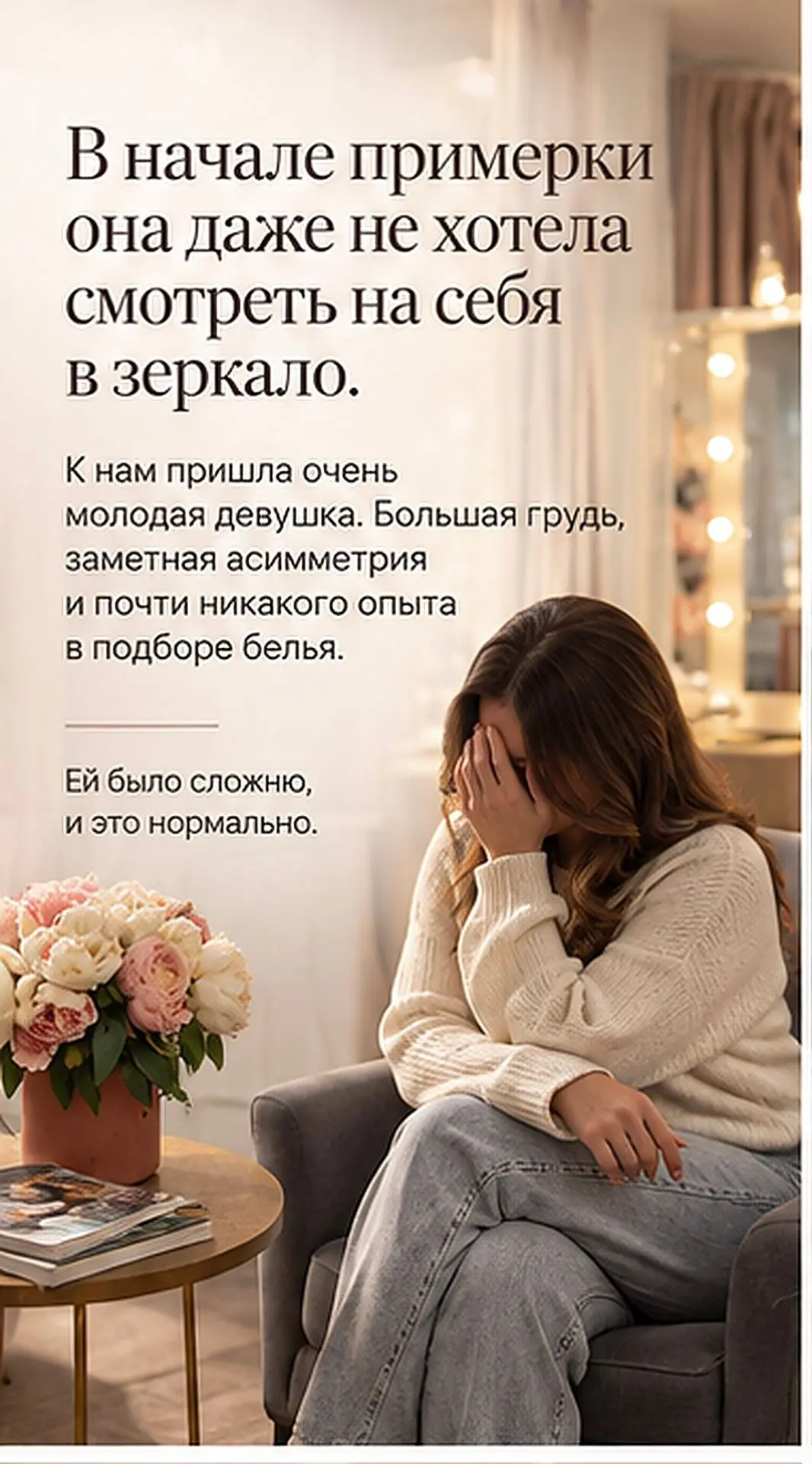 В начале примерки она даже не хотела смотреть на себя в зеркало.