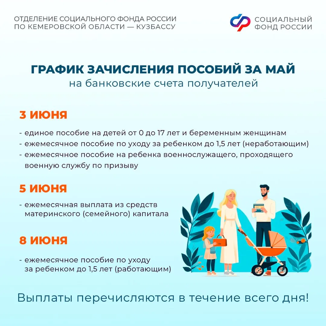 График выплат пенсий и детских пособий в июне  📋Отделение СФР по Кемеровской области напоминает: вып