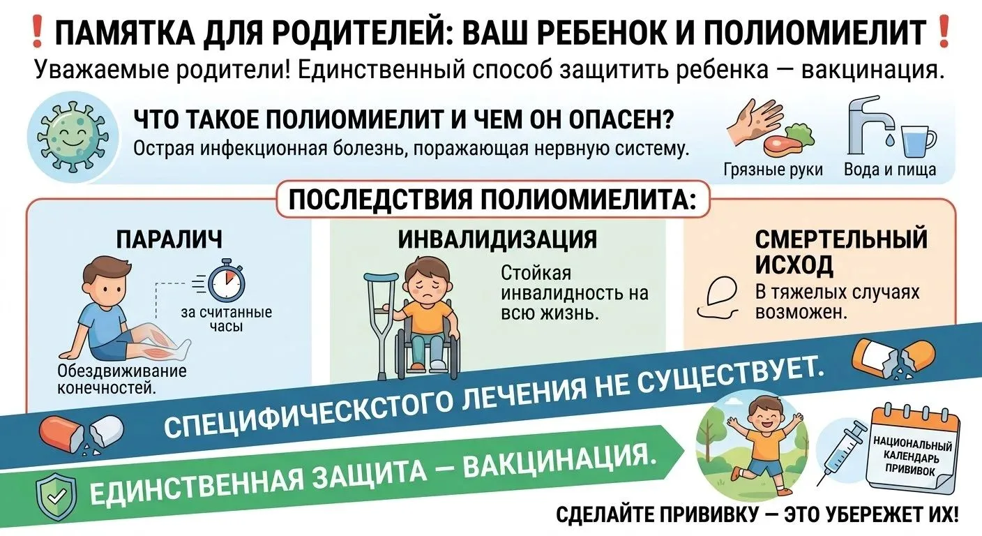 ❗Памятка для родителей: Ваш ребенок и полиомиелит❗

Уважаемые родители!

В связи с высоким риском за