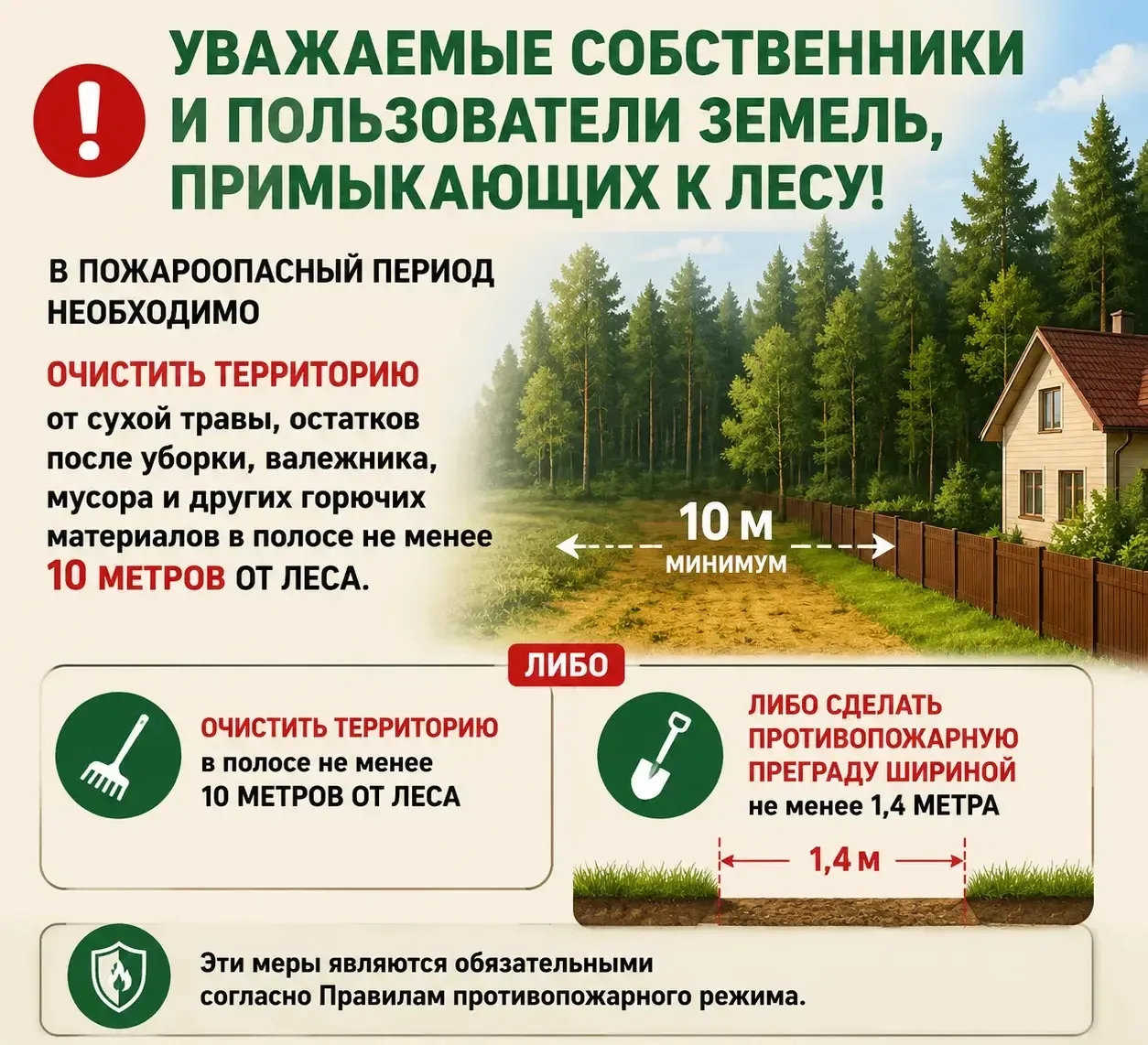 📣Уважаемые владельцы и пользователи участков, прилегающих к лесу!
‼️В пожароопасный сезон просим со