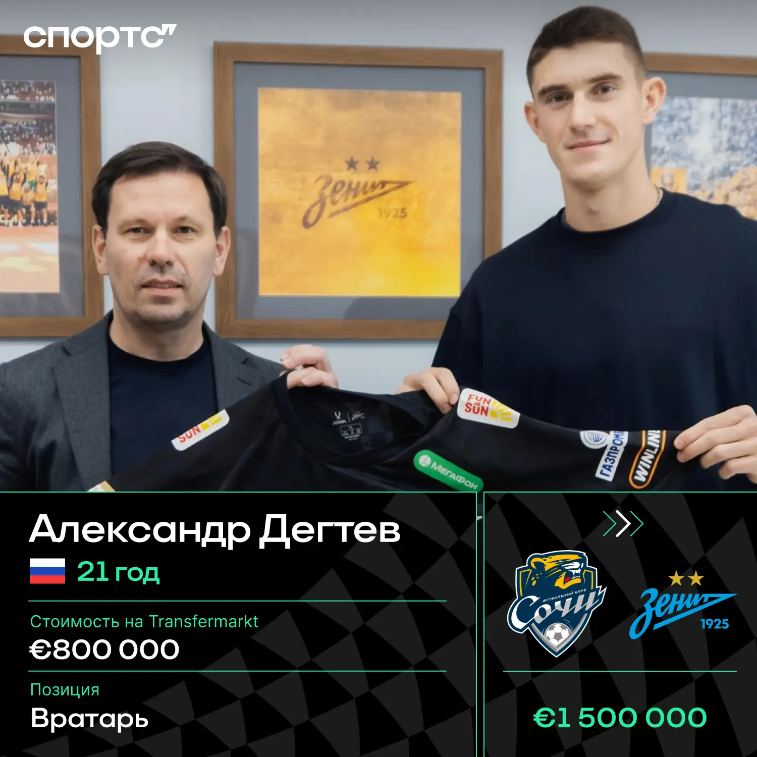 ✅✅✅ Официально: вратарь Александр Дегтев перешел в «Зенит» из «Сочи»
