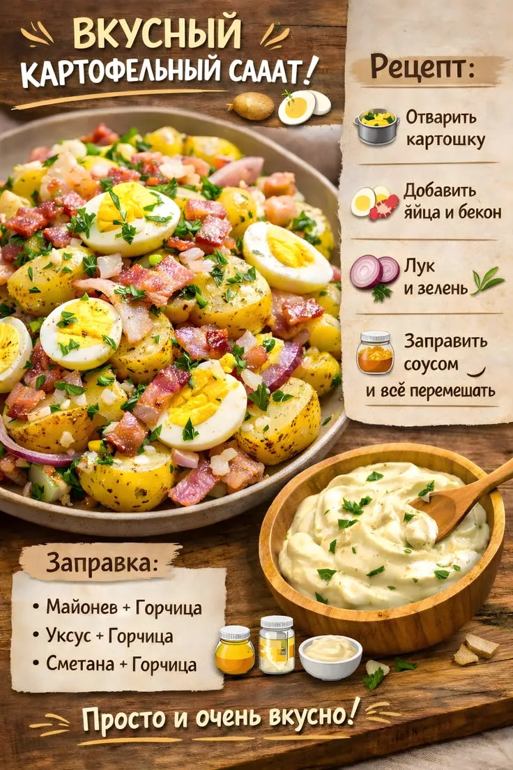Вкусный картофельный салат с яйцом и беконом 🥔🥓 Простой и быстрый рецепт