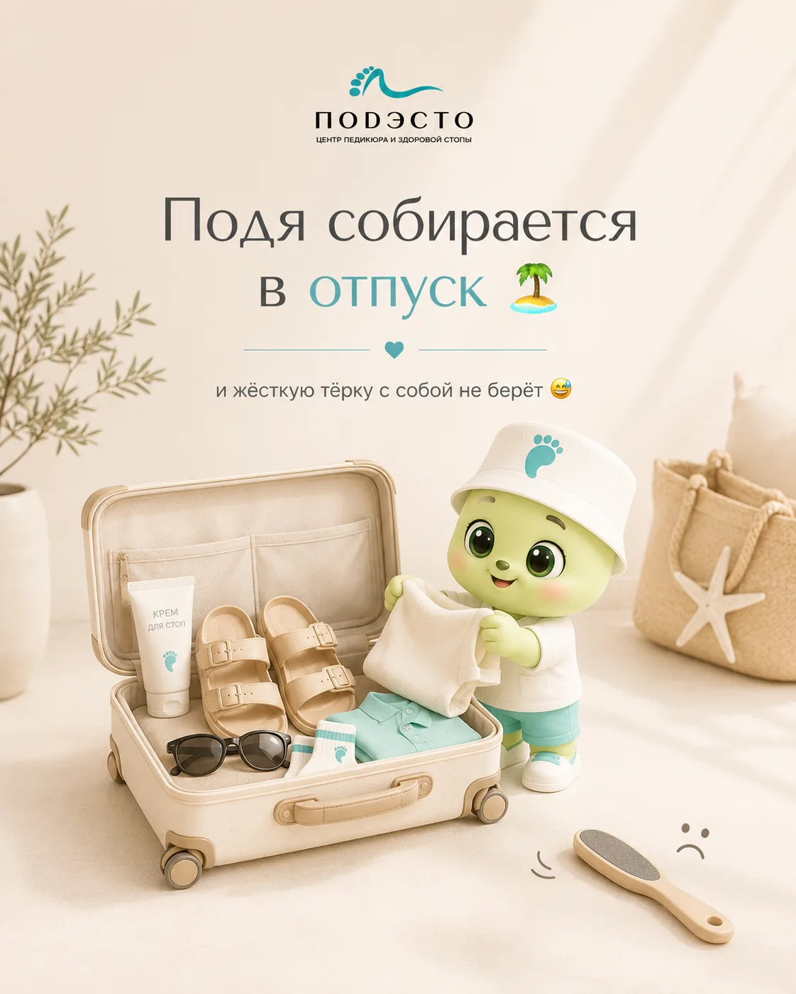 Подя собирается в отпуск

Чемодан почти собран 😌

✔️ солнцезащитный крем  
✔️ удобная обувь  
✔️ но