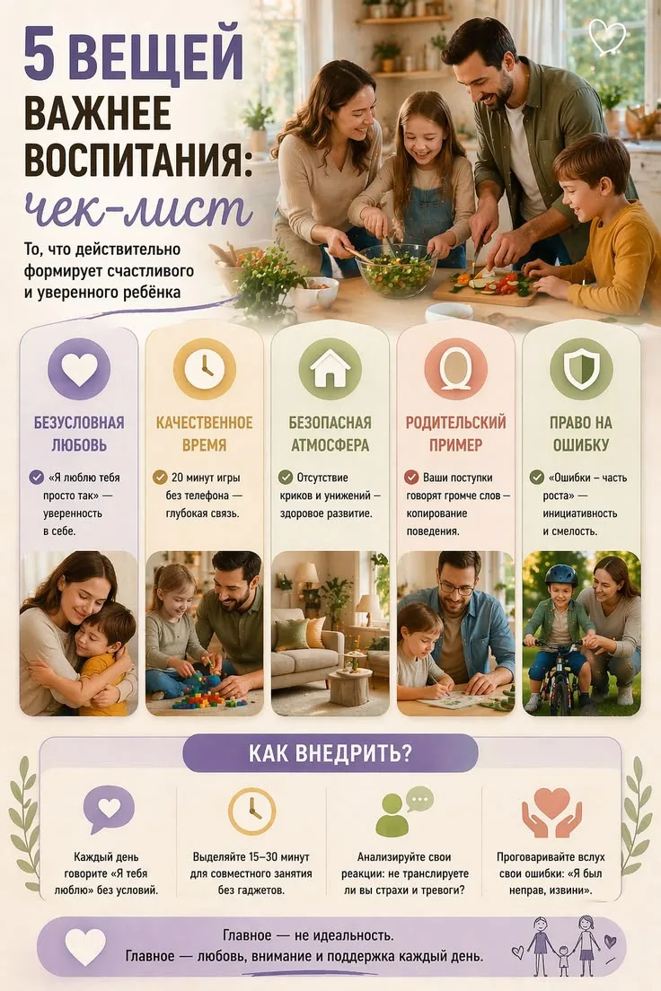 📢 ИНФОРМАЦИЯ ДЛЯ РОДИТЕЛЕЙ!
5 ВЕЩЕЙ ВАЖНЕЕ ВОСПИТАНИЯ: чек‑лист То, что действительно формирует сча