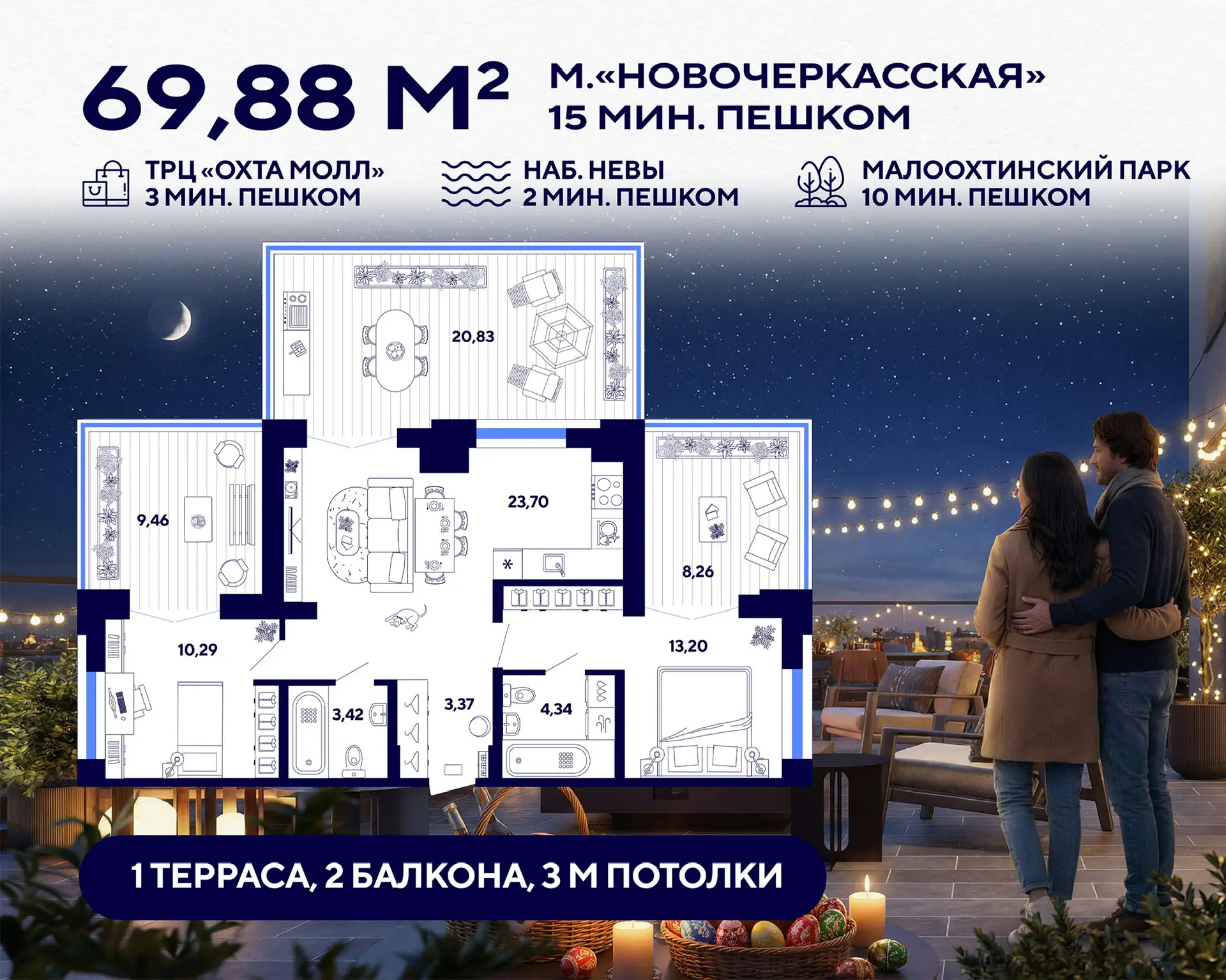 Двушка с террасой 20 м²: ваш личный кинотеатр под звёздами у «Новочеркасской»  #планировка_недели  К