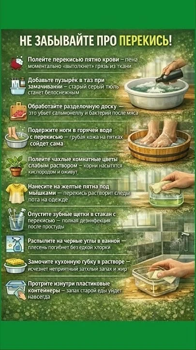 Необычные способы применения перекиси водорода в быту💚

От стирки и дезинфекции до ухода за цветами