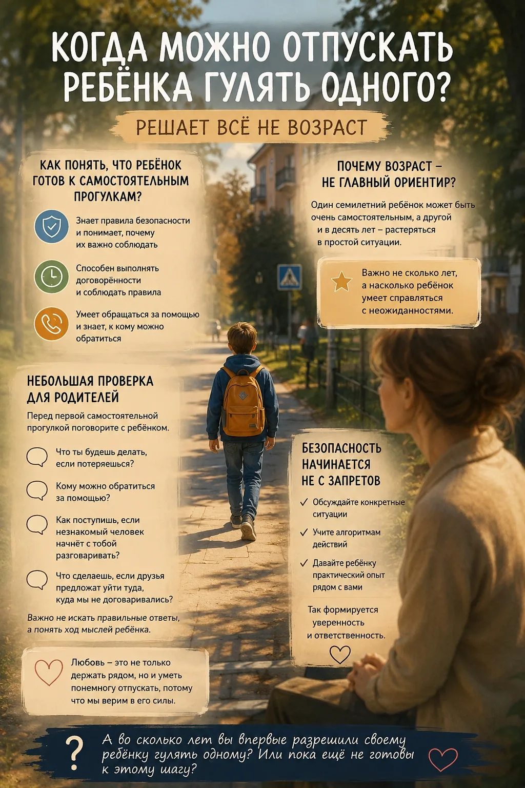 Когда можно отпускать ребёнка гулять одного? 
Решает всё не возраст.
 
Пожалуй, один из самых тревож
