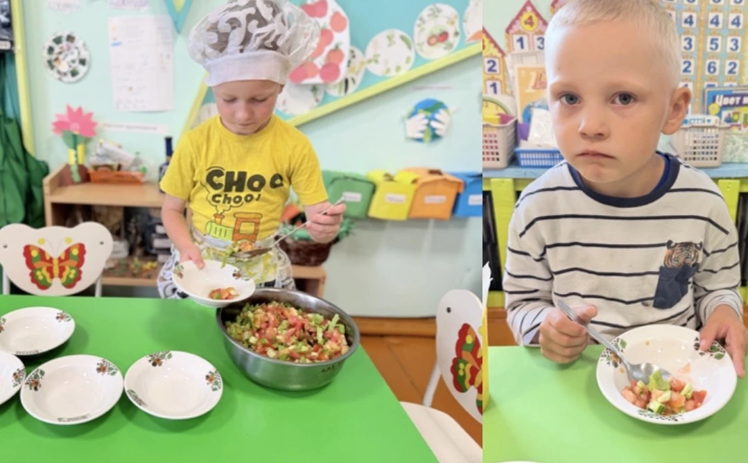 🥗🍅 в нашем детском саду мы приготовили вкусный салат из овощей и зелени, которые выра...