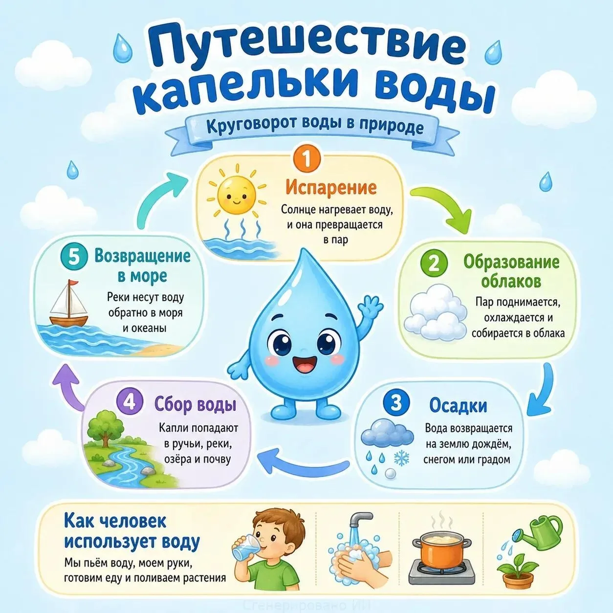 Куда исчезает вода из лужиц и откуда берутся тучки?

В наших карточках — понятный и наглядный расска
