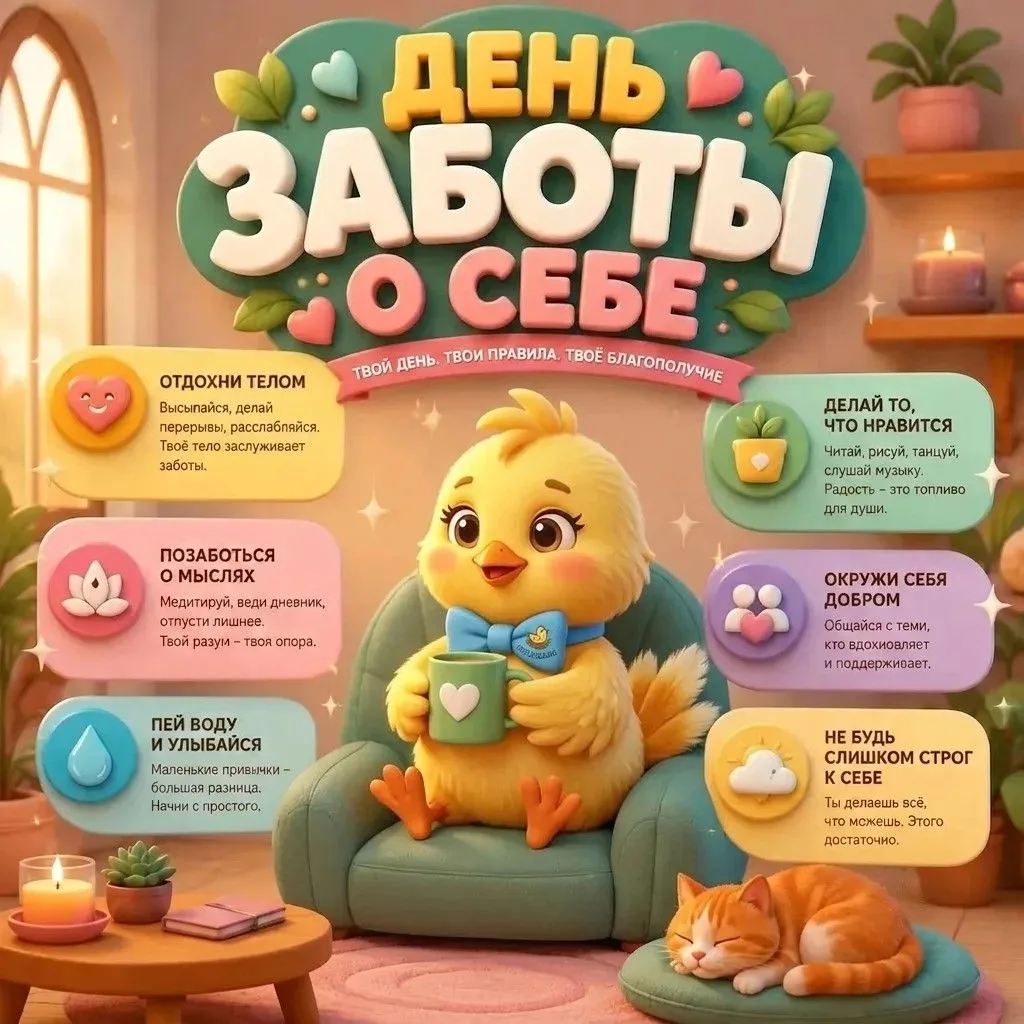 Привет-привет, это я — птенчик Пушок! 
Сегодня, 24 июля, у нас особенный день — День заботы о себе! 