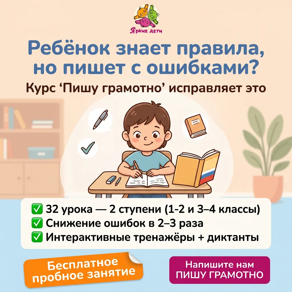 Заголовок: Ребёнок знает правила, но пишет с ошибками? Курс «Пишу грамотно» исправляет ...