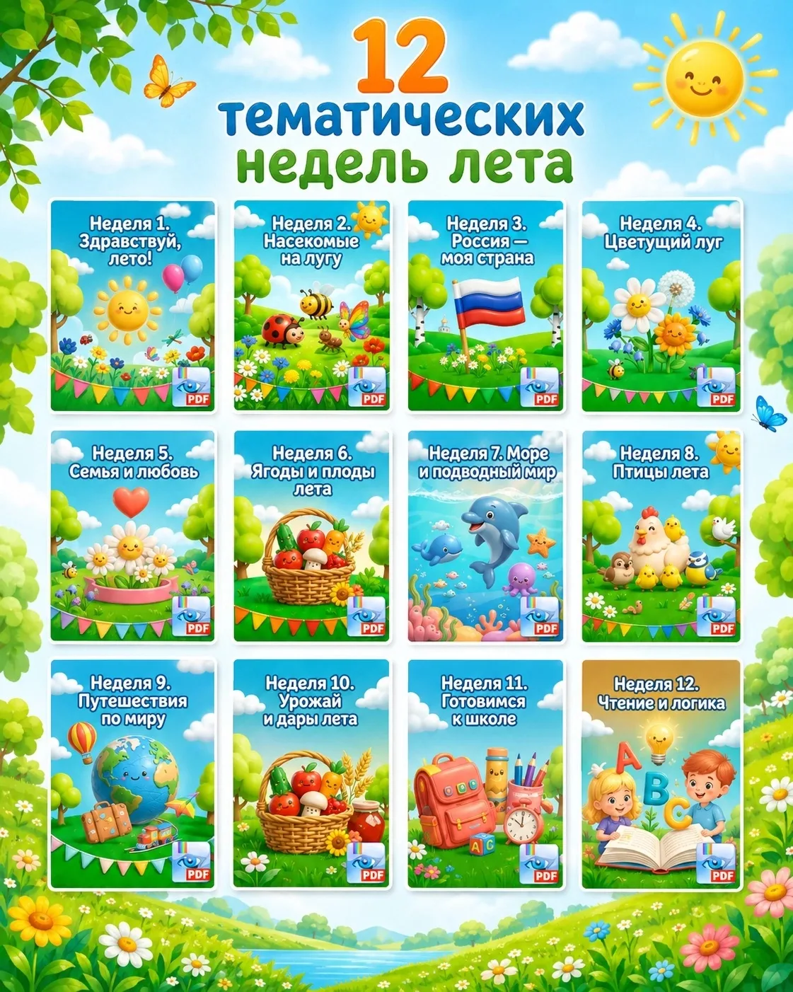 ☘️Тематический план на лето 2026 — уже собран. Один пакет на июнь, июль, август. 
 
12 недель темати