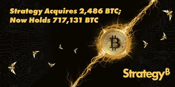 Strategy приобрела 2486 BTC примерно за 168,4 миллиона долларов по цене около 67 710 долларов за бит
