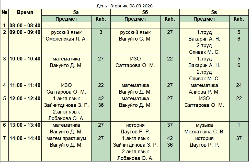 Расписание на 8.09 - вторник.