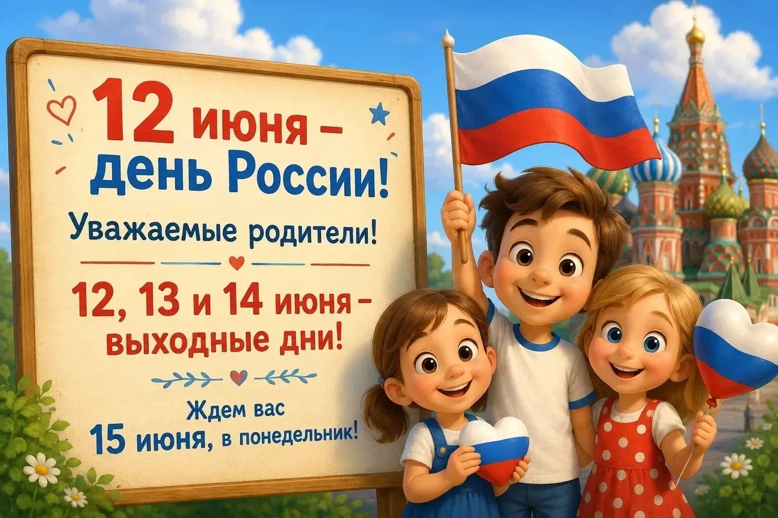 Уважаемые родители! 
Сообщаем вам график работы нашего детского сада в ближайшие дни:
🇷🇺 12, 13 и 