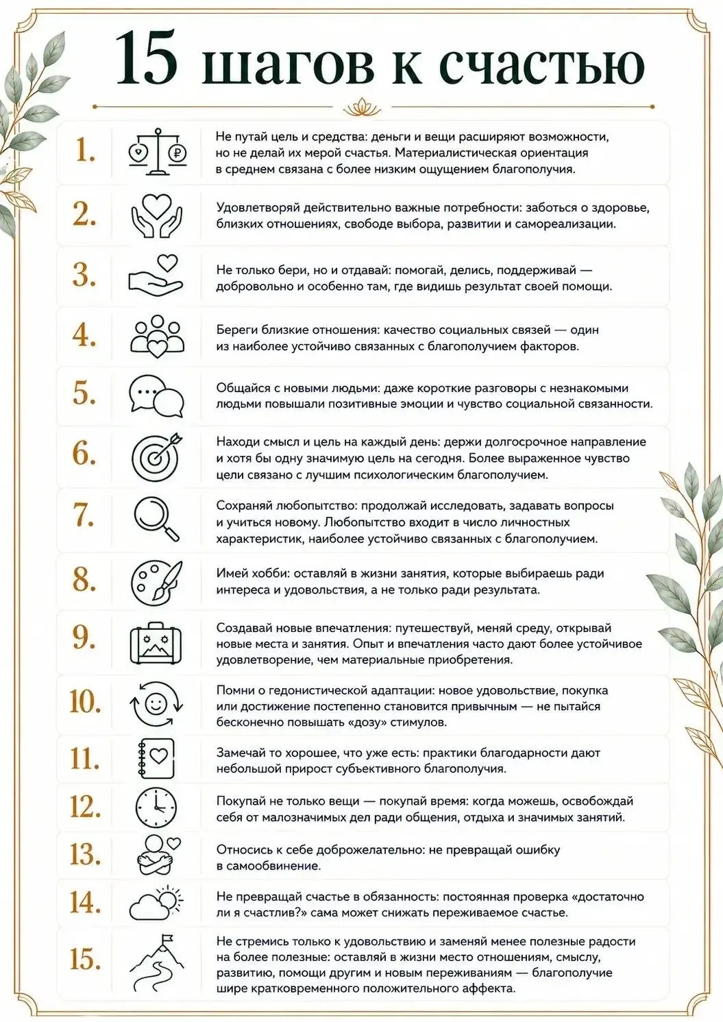 ✅Удобно сохранить, легко поделиться с близкими: 15 шагов к счастью