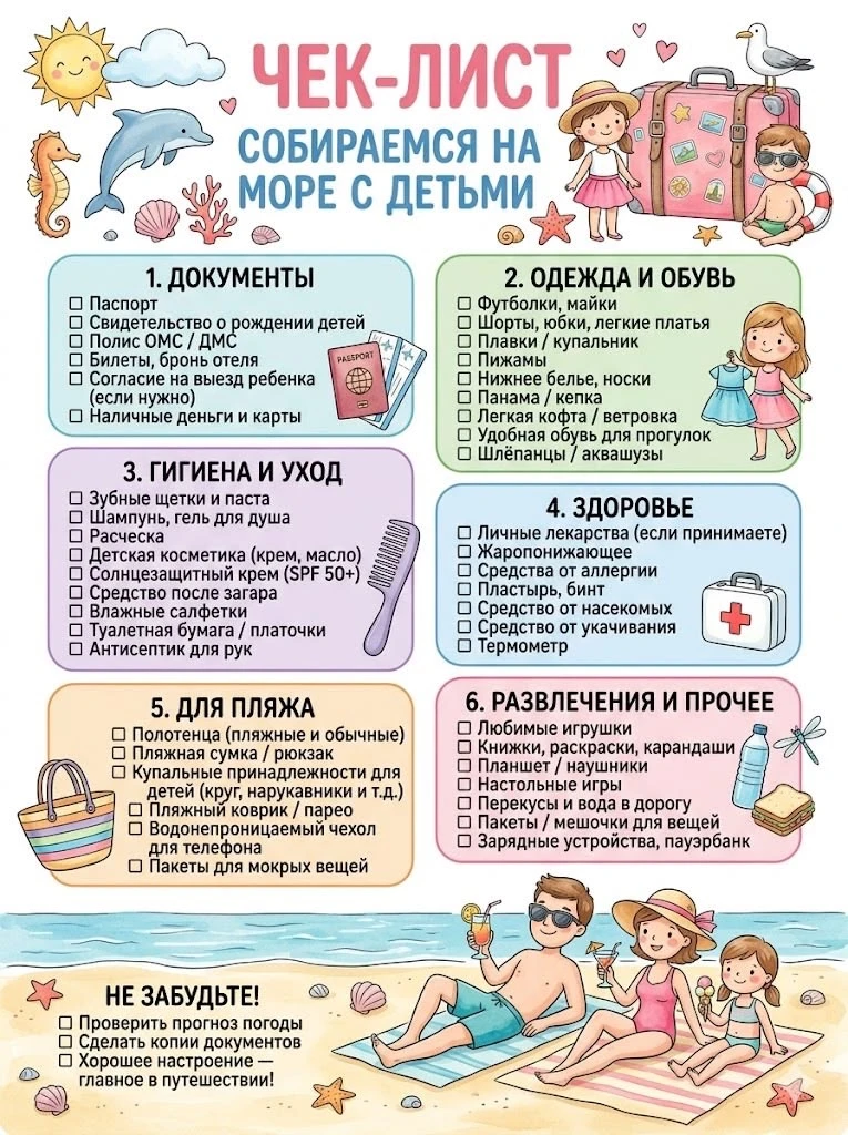Чек-лист: собираемся на море с детьми 🌴