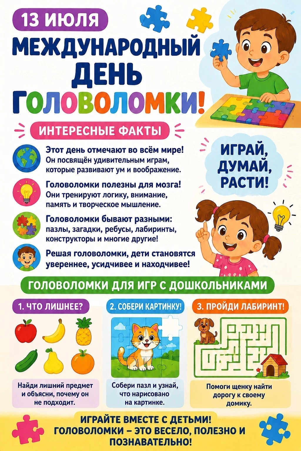 🧩 Международный день головоломки — 13 июля

Сегодня, 13 июля, отмечается Международный день головол