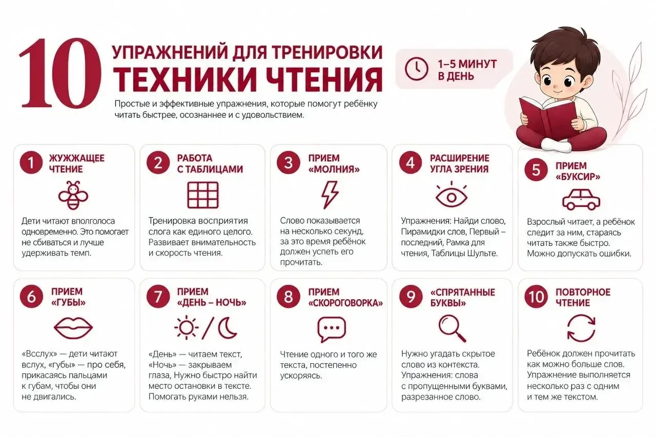 📕 10 упражнений для тренировки техники чтения.