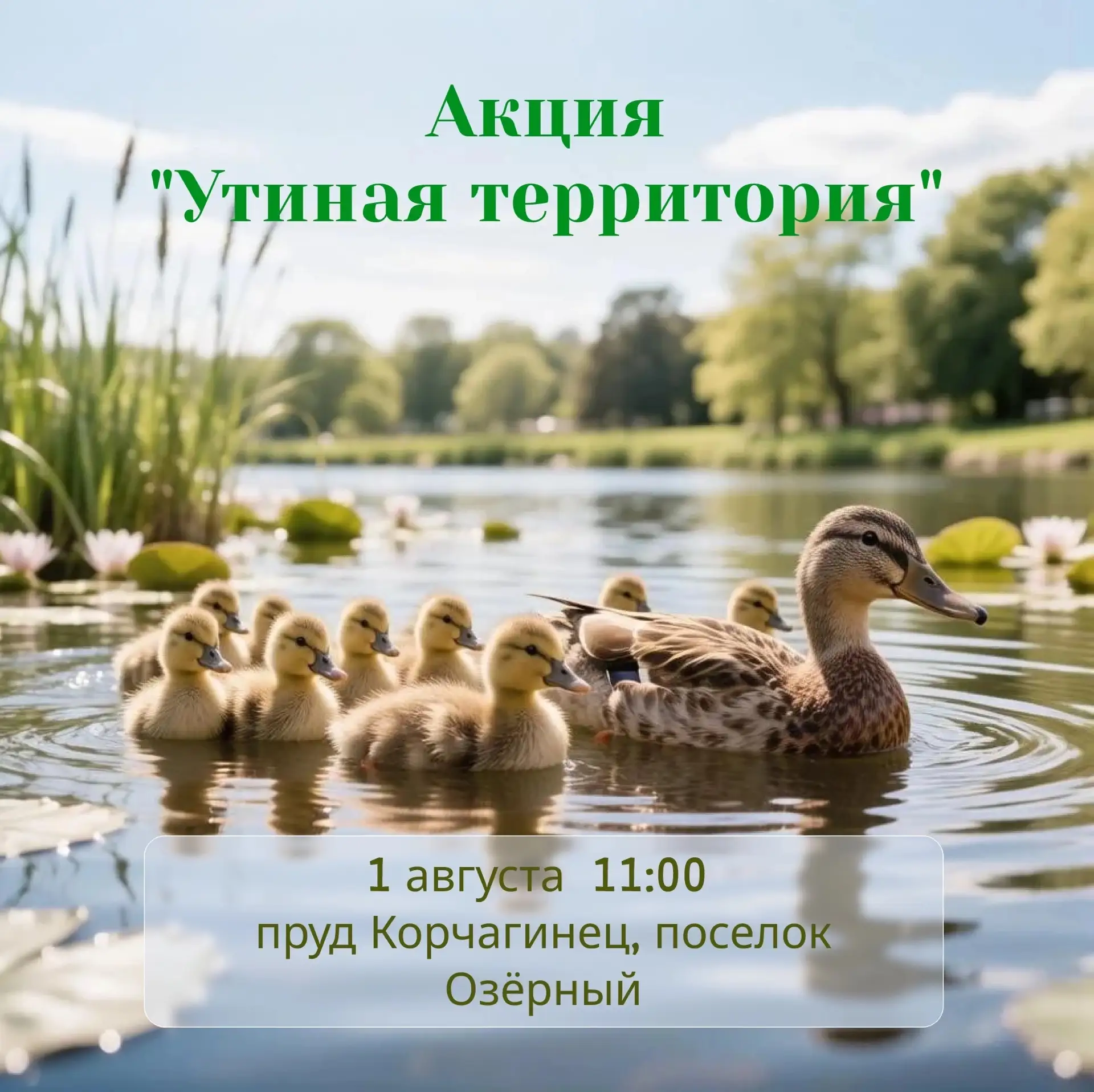 На пруду Корчагинец  поселятся новые обитатели - утки

1 августа в 11:00 в поселке Озерный состоится