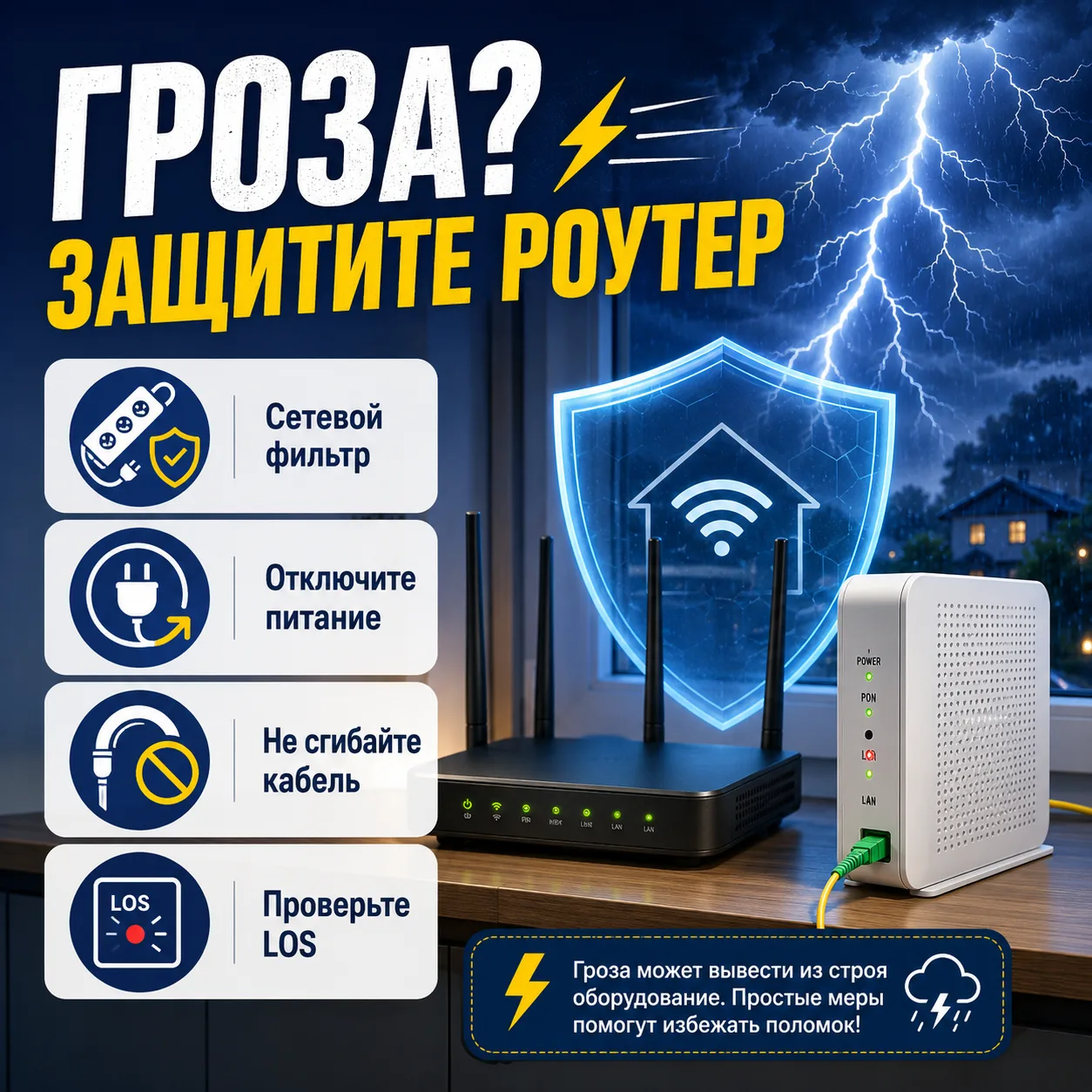 🌩 Как защитить роутер и оборудование во время грозы

Гроза может сопровождаться скачками напряжения