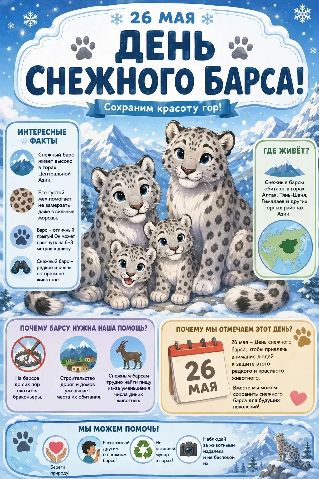 Снежный барс (ирбис) — символ Хакасии, изображённый на гербе республики. Это редкое хищное животное 
