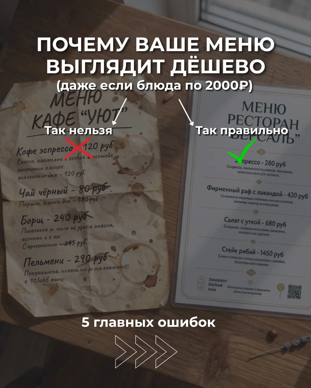 5 ошибок, из-за которых меню вашего кафе выглядит дешевле, чем есть на самом деле 👆