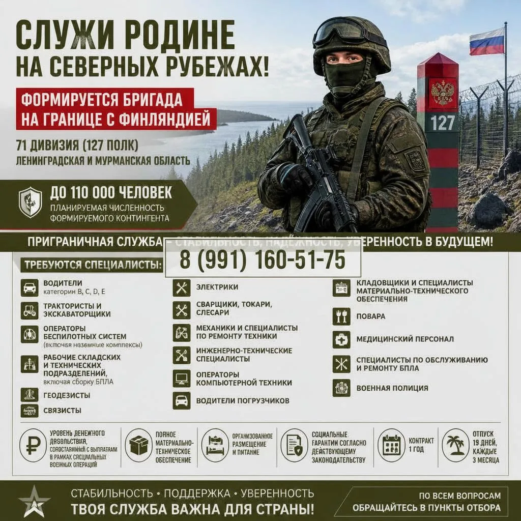 🇷🇺 Формируется бригада на границе с Финляндией

В Ленинградской и Мурманской области формируется в