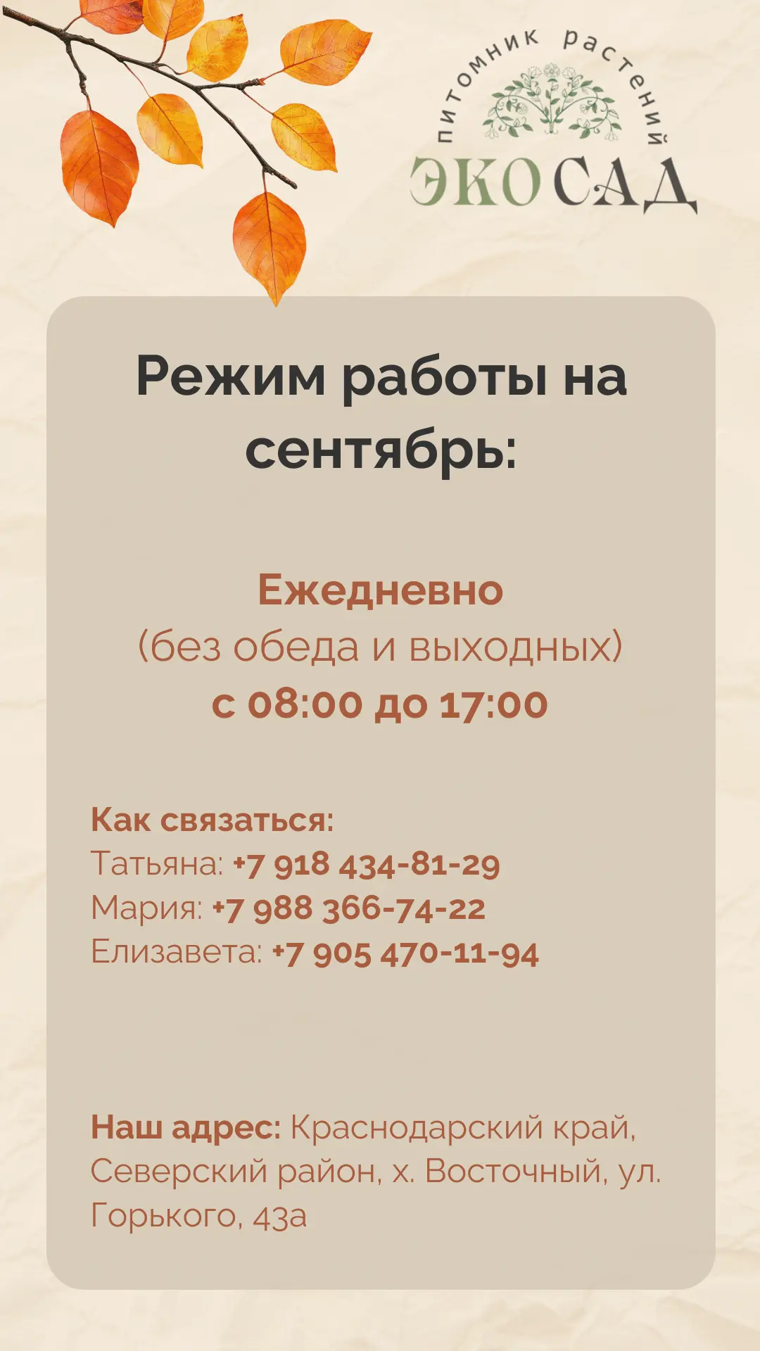 🍂 Режим работы в сентябре