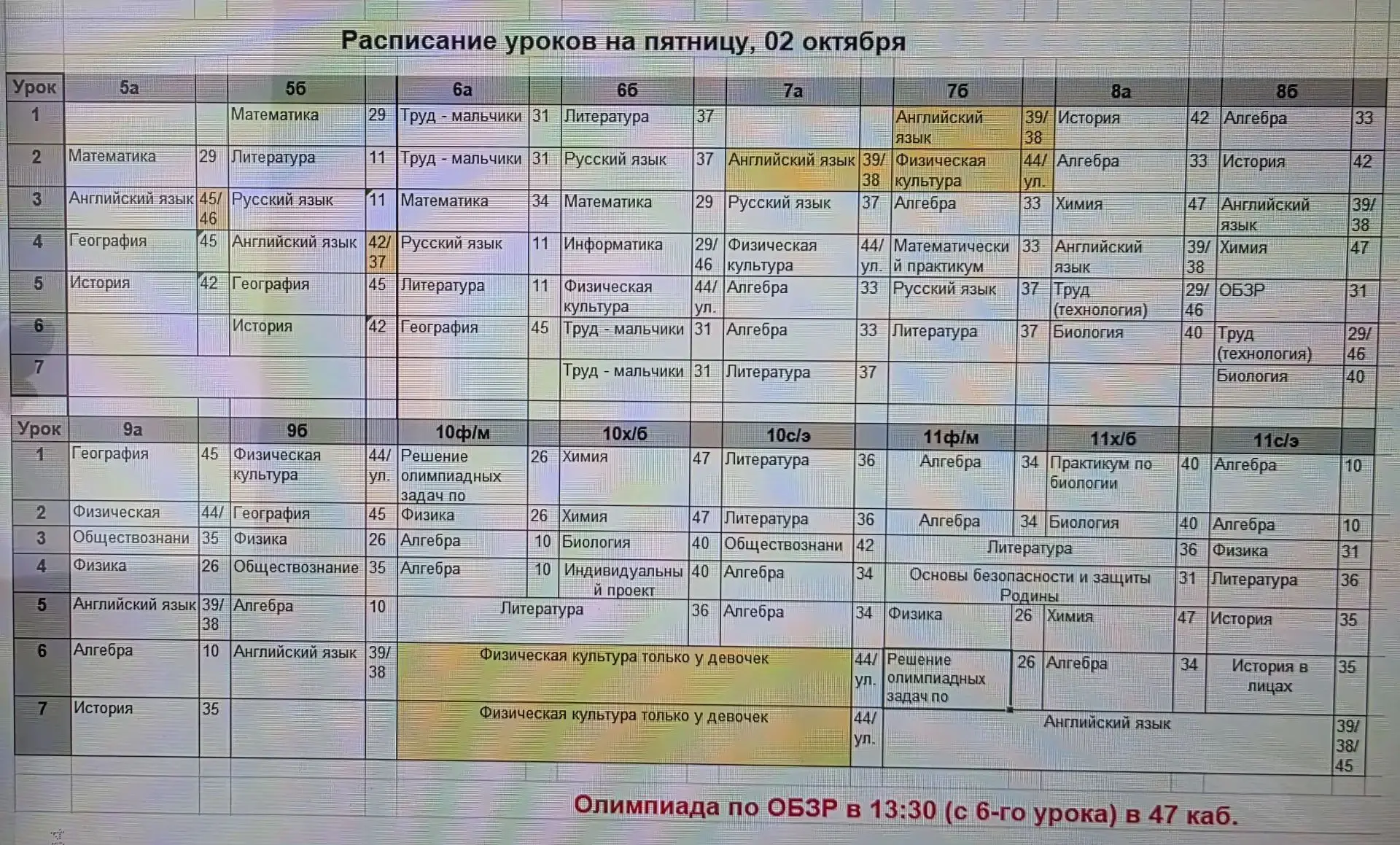 Расписание на пятницу, 2 октября