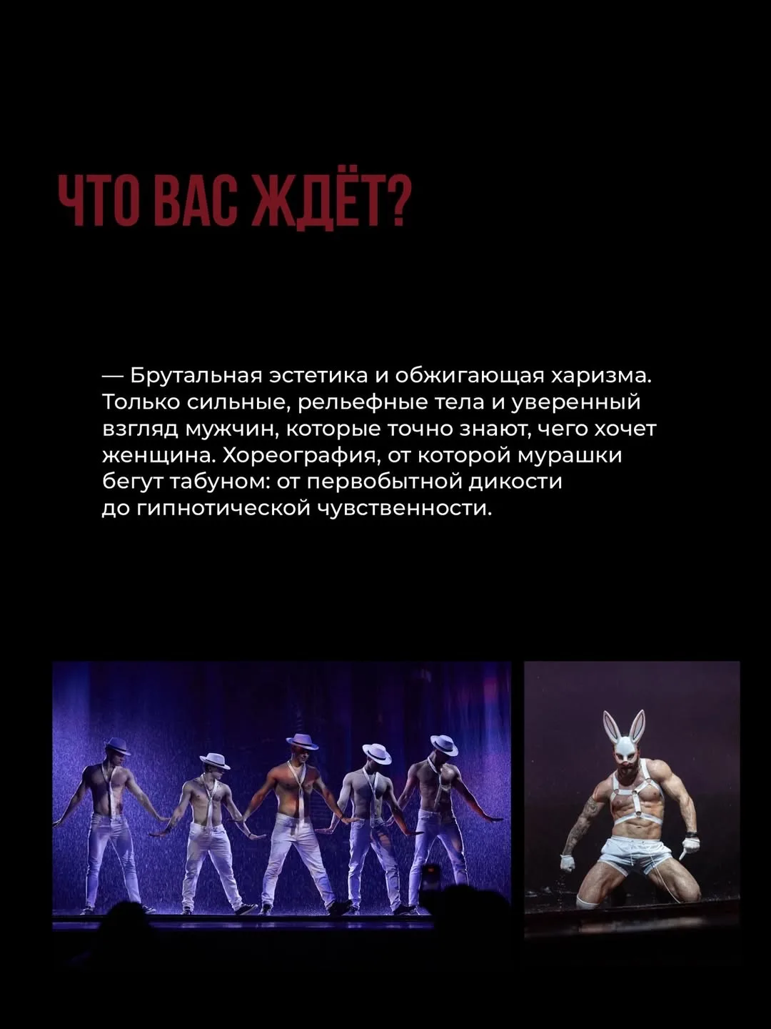 Подружки, нас ждет жара😆🔥🔥 Идем на иммерсивное пластическое шоу «Мужской сезон» 2 мая в 23.00 в гаст