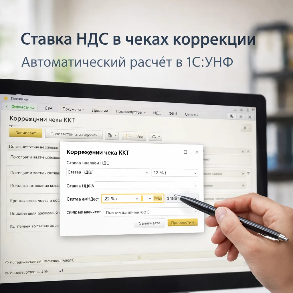Ставка НДС в чеках коррекции 1С:УНФ: автоматический подбор 20% и 22%